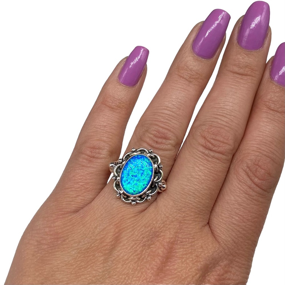 Ring Blue Fire Opal Size 8 Solid Sterling Silver … - image 2